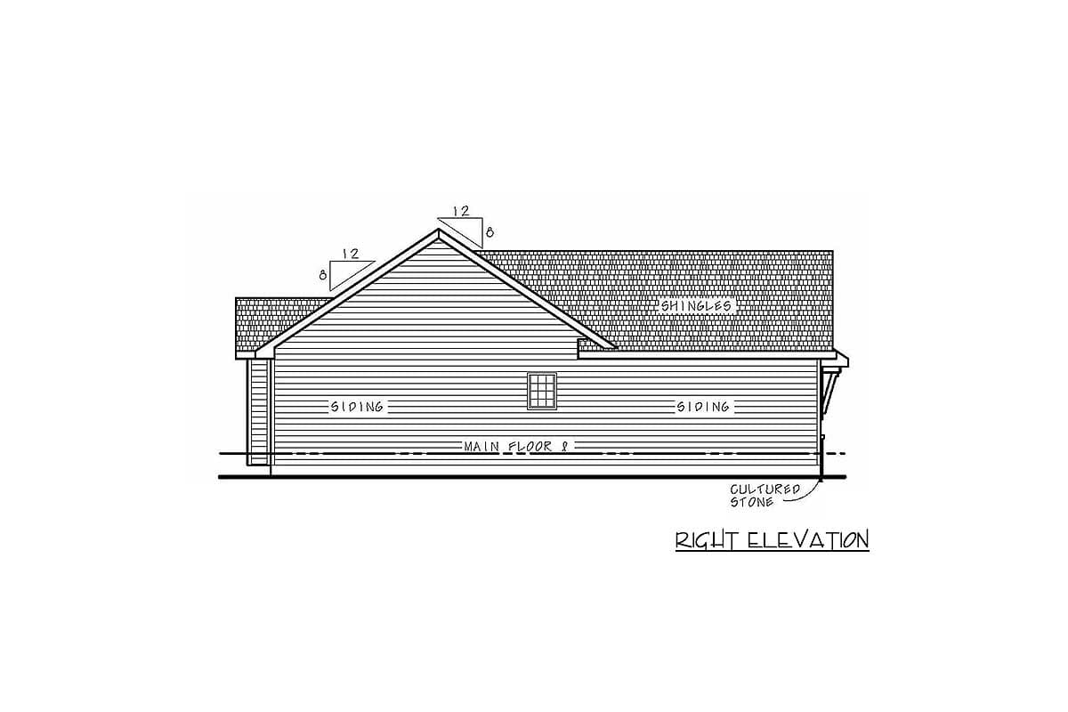 Right elevation drawing of a house plan featuring siding, shingles, cultured stone base, and a prominent gable.