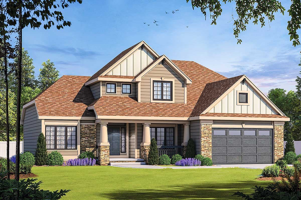 House plan exterior: Two-story Modern Farmhouse with gable accents, stone foundation, covered porch, and attached garage.