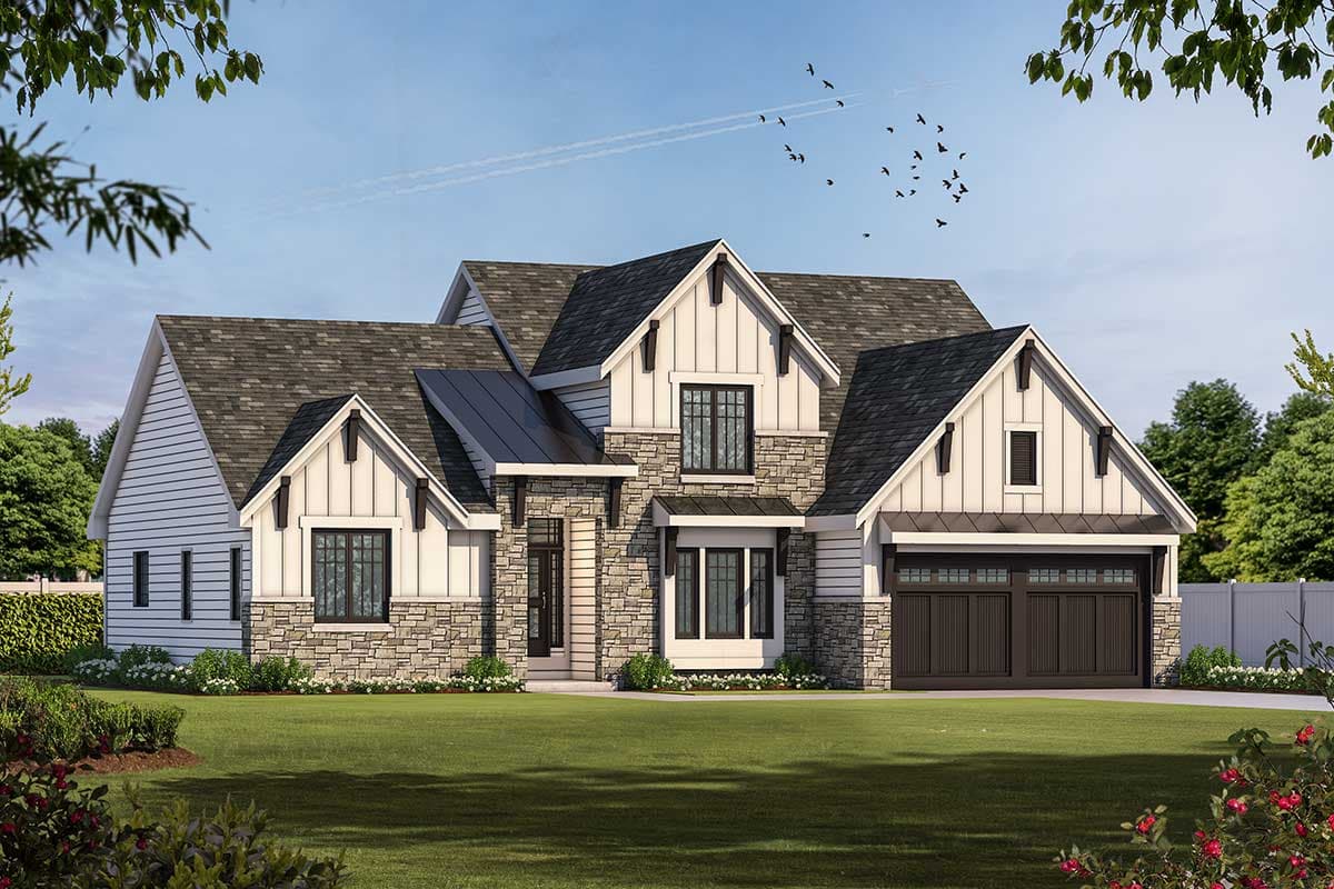 Modern Farmhouse house plan exterior with stone accents, board and batten siding, gables, and a side-entry garage.