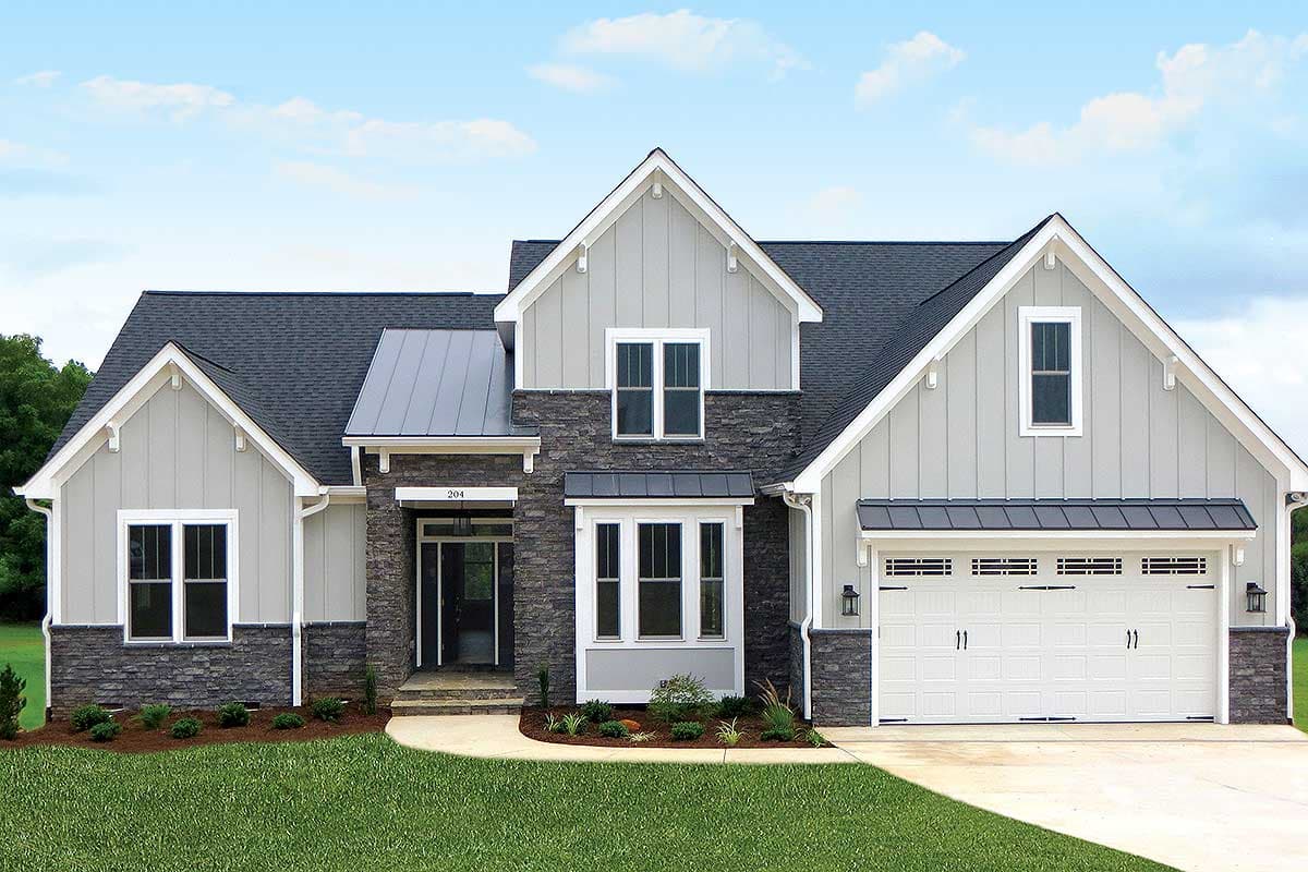 Modern Farmhouse house plan exterior with stone and board and batten siding, gables, and a two-car garage.