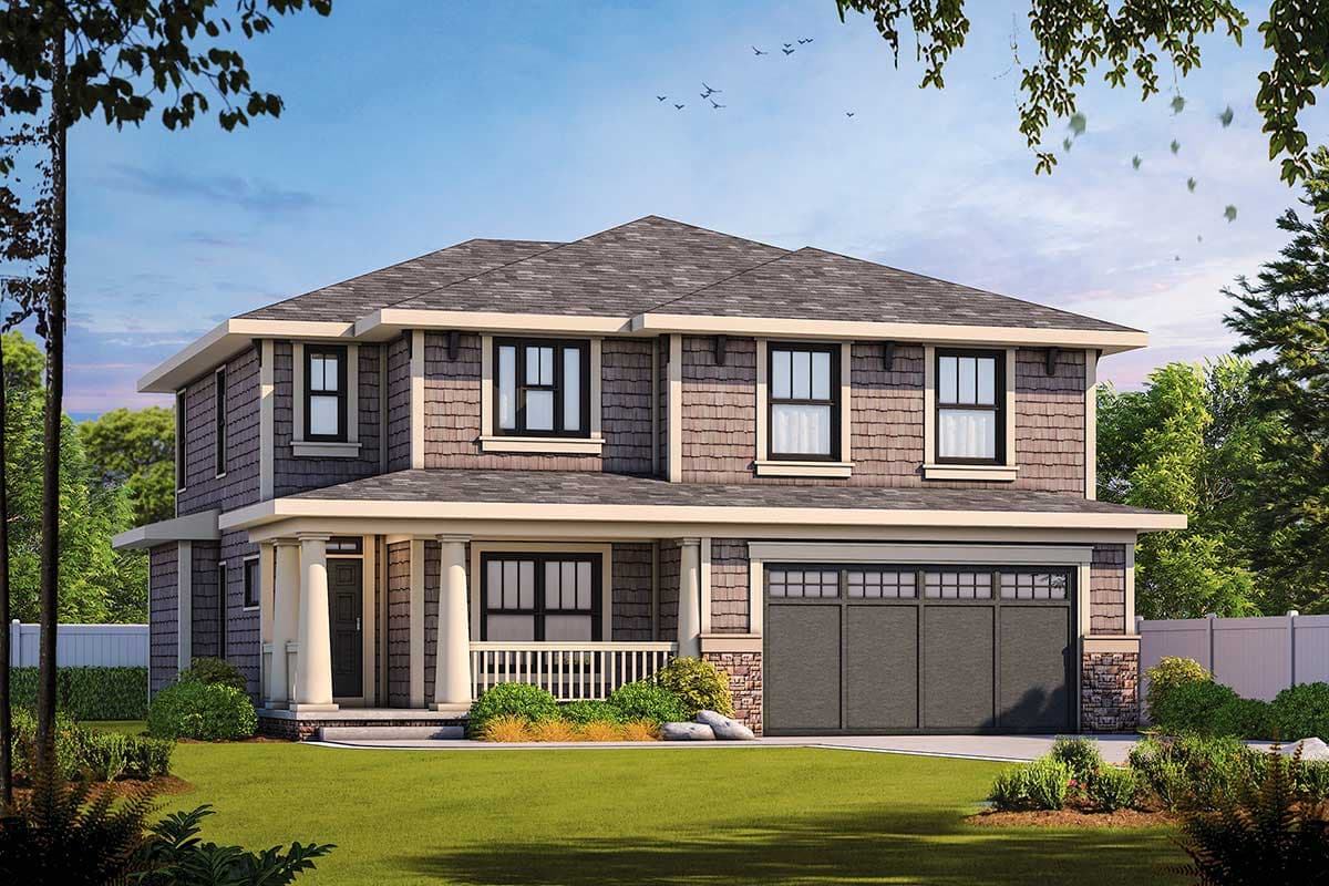 House plan exterior. Two-story Craftsman home with a front porch supported by columns. Features include a gabled roof and a two-car garage.