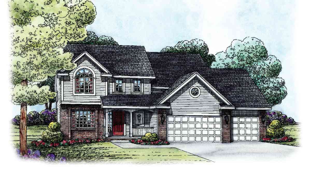 House plan exterior of a two-story home with a front-facing gable, arched dormer window, and a three-car garage.