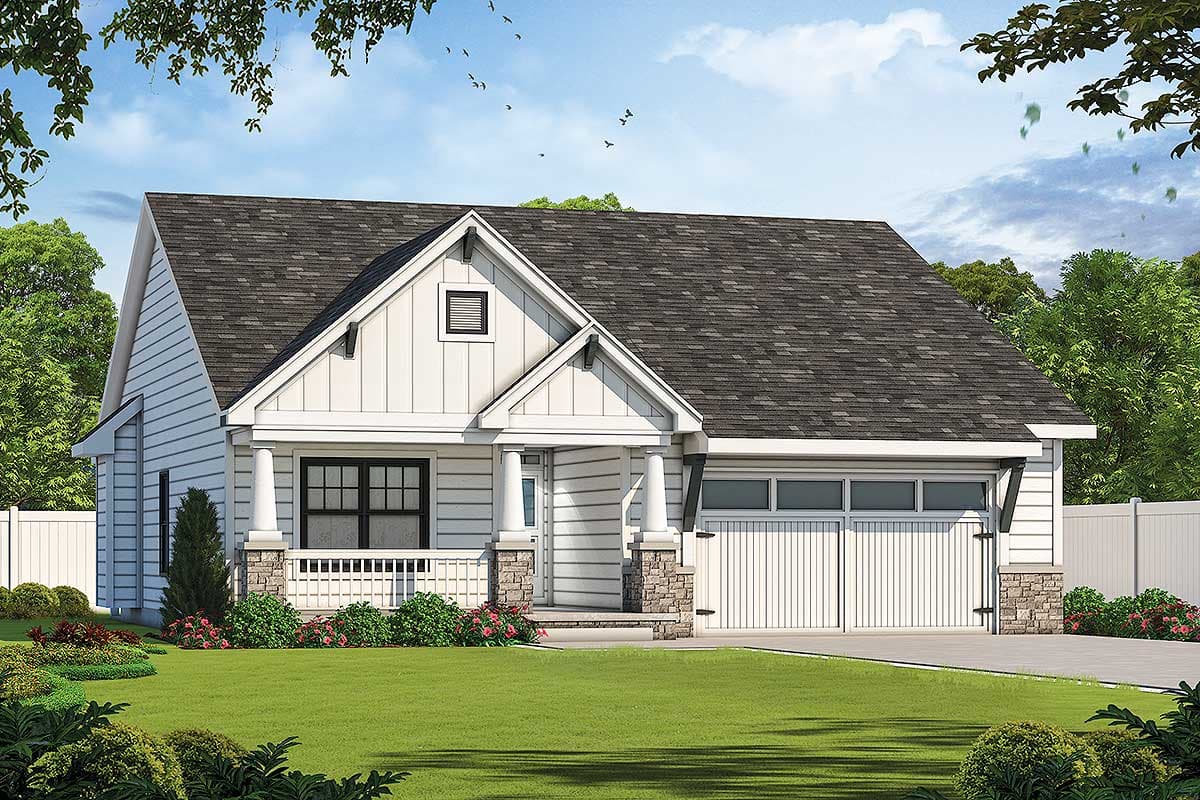 Modern Farmhouse house plan exterior with front-facing gable, covered porch with stone accents, and a two-car garage.