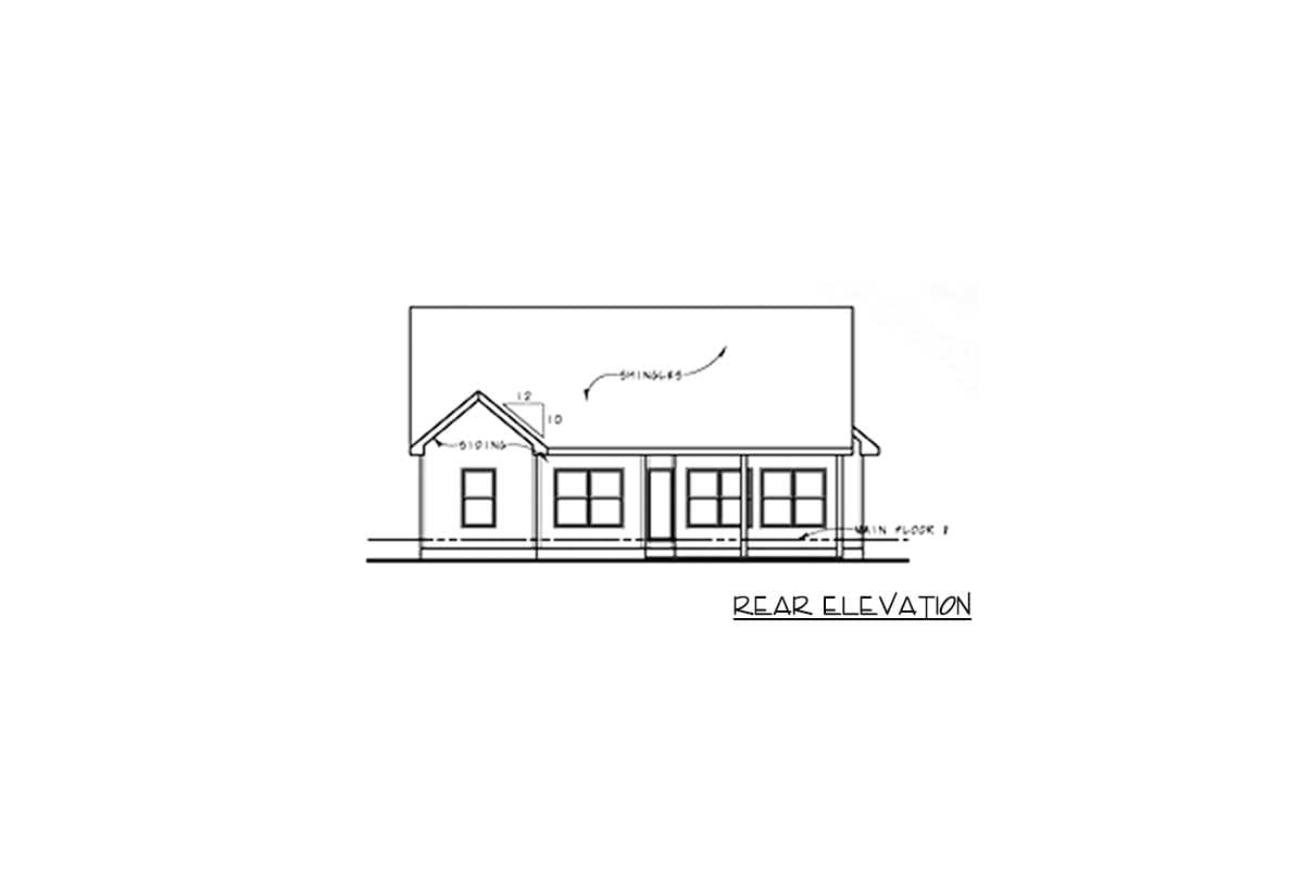 Rear elevation drawing of a single-story house with a gabled roof, siding, multiple windows, and a covered porch.