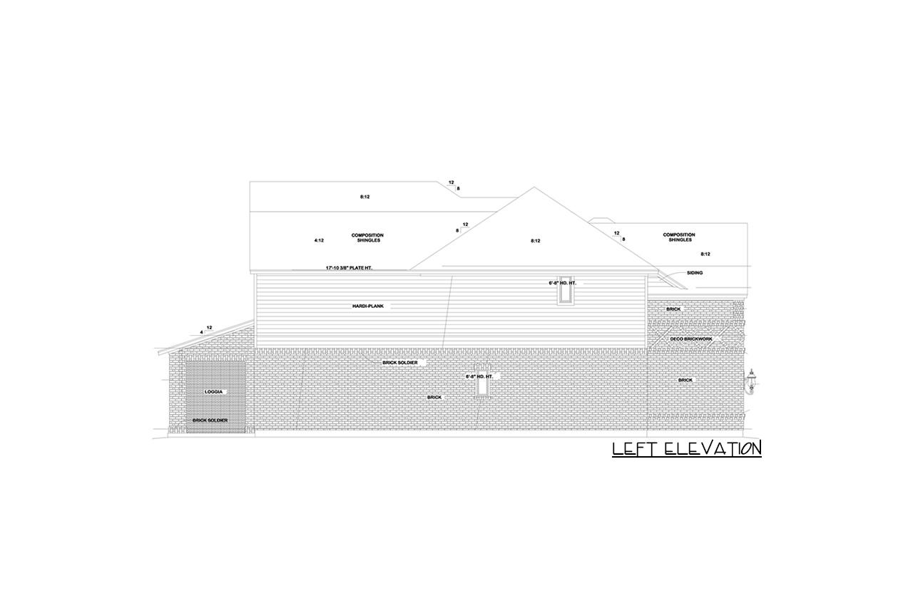 Left elevation house plan showing brick base, hardi-plank siding, and composition shingles.