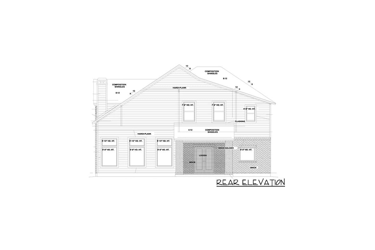 Rear elevation house plan showing two stories, hardi-plank siding, composition shingles, and brick accents.