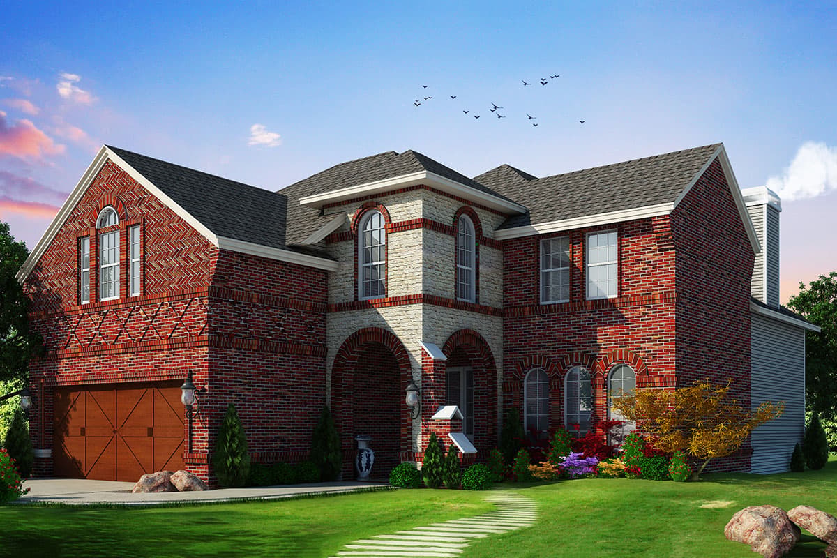 House plan exterior: Two-story brick home with arched entry, side-facing garage, and arched windows with detailed brickwork.