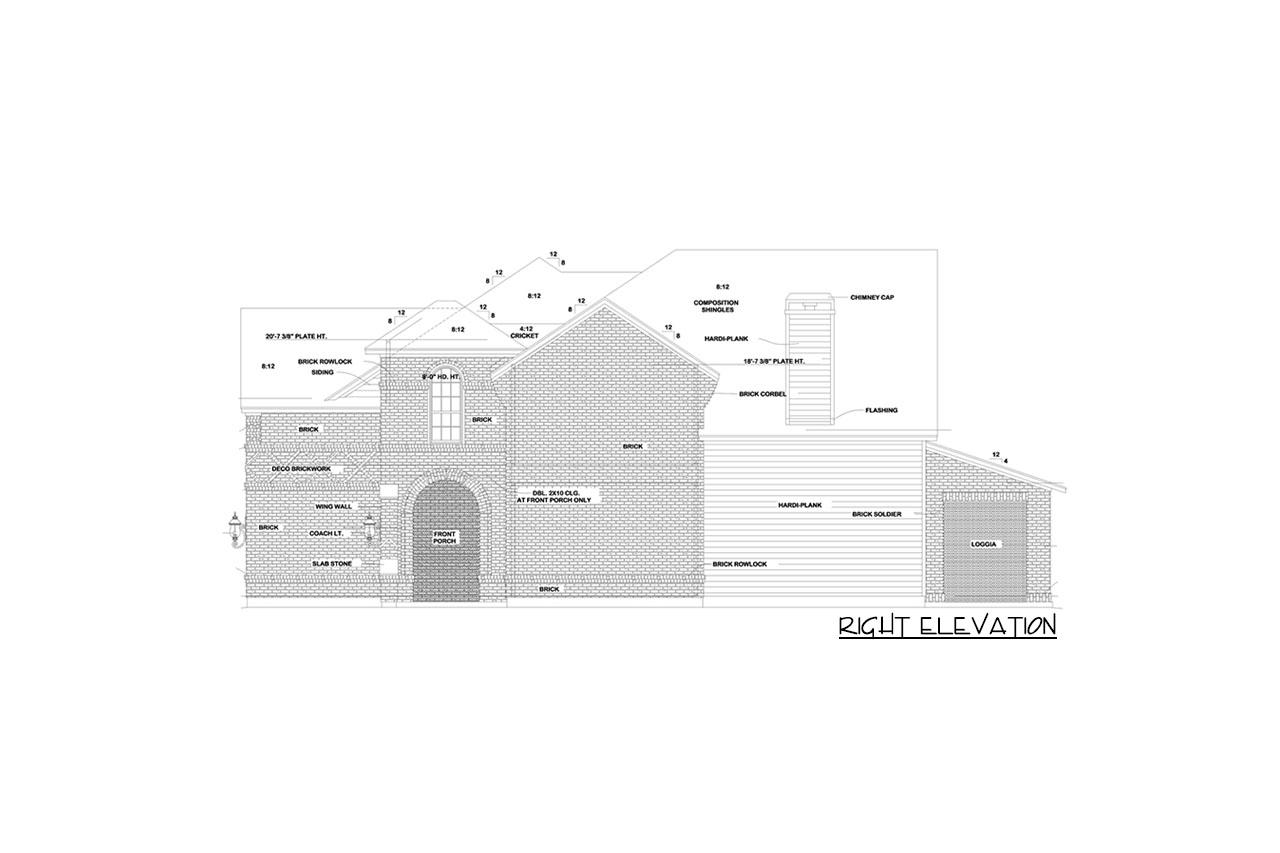 Right elevation house plan with brick facade, arched front porch, dormer, chimney, and attached loggia garage.