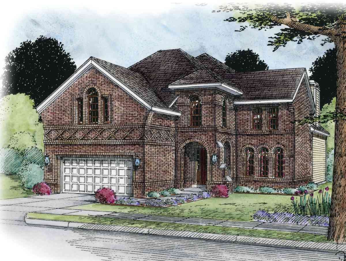 House plan exterior: two-story brick home with arched windows, a prominent entry tower, and an attached two-car garage.
