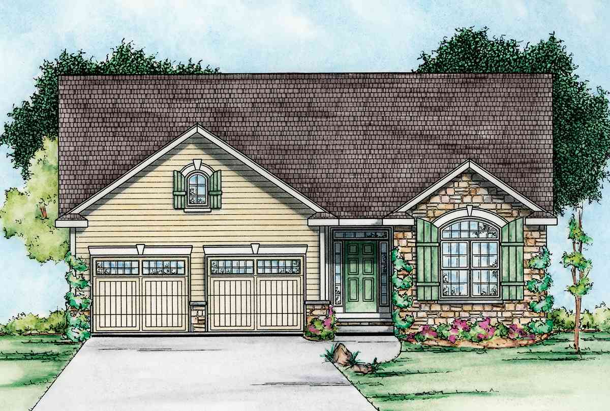 House plan exterior: Ranch style, two-car garage, stone accents, arched dormer window, and covered entry.