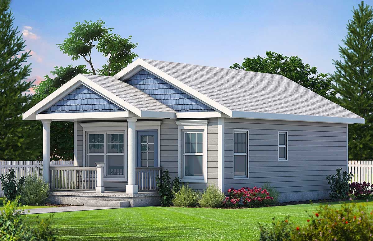 House plan exterior: Gable roof with blue shingle accents, covered front porch with columns, and horizontal siding.