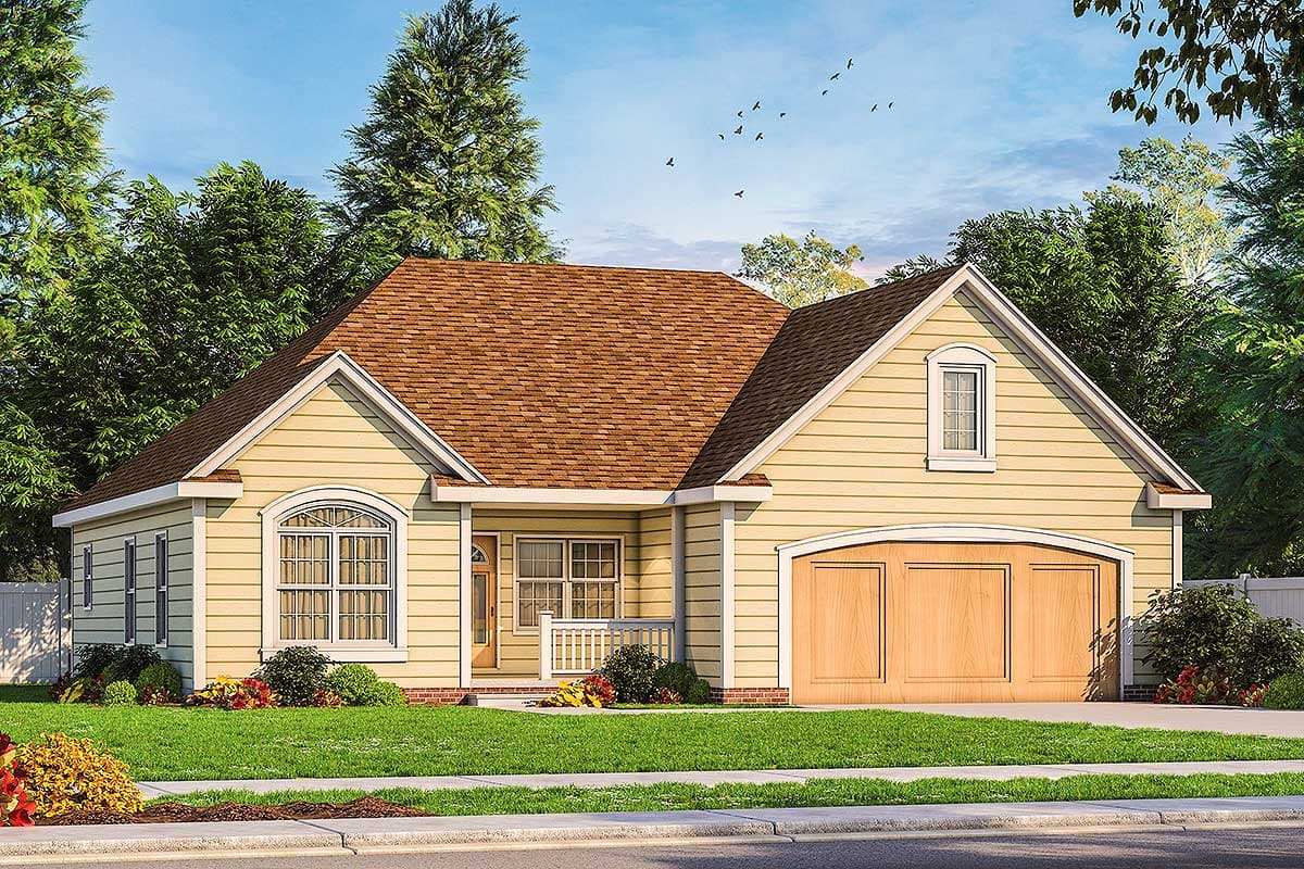 House plan exterior: One-story home with covered front porch, arched window, and side-entry garage with carriage-style doors.