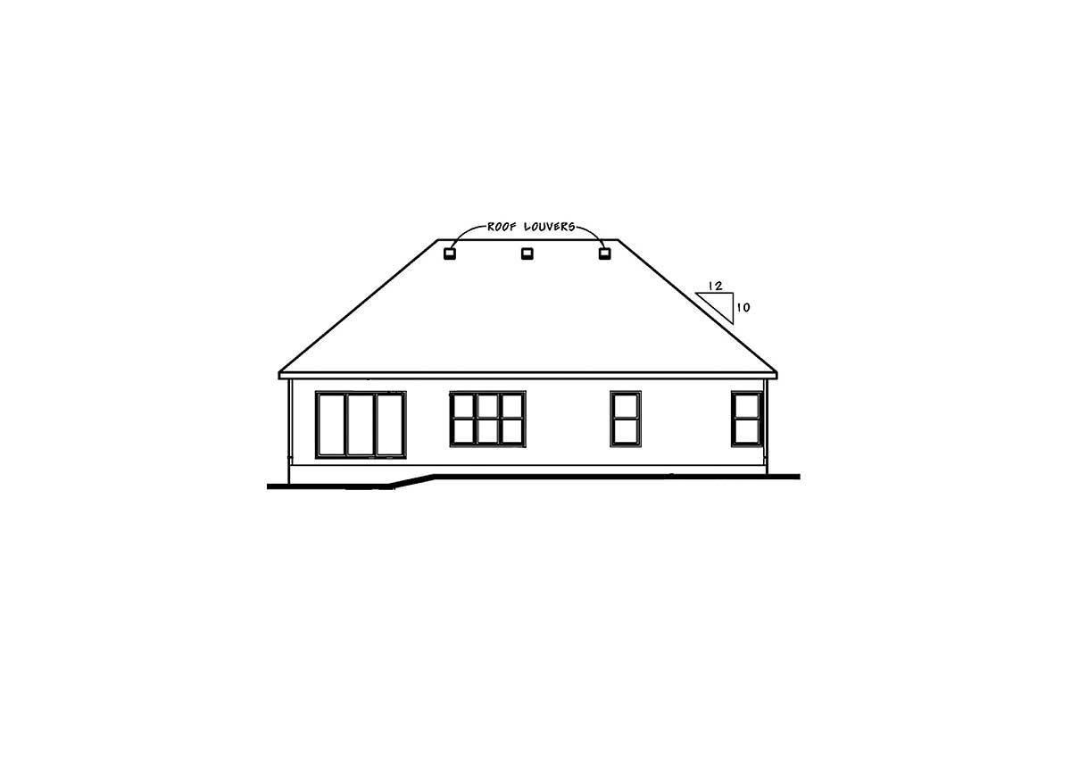 House plan elevation drawing showing a single-story house with a hip roof, roof louvers, and multiple windows.