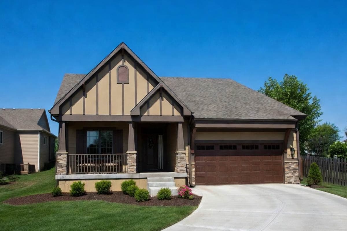 House plan exterior: Two-story Modern Farmhouse with covered porch, prominent gables, stone accents, and a two-car front-facing garage.