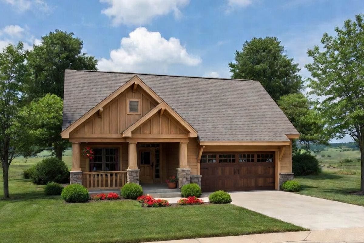 Craftsman house plan exterior featuring a covered front porch with stone-clad columns and a side-facing garage.