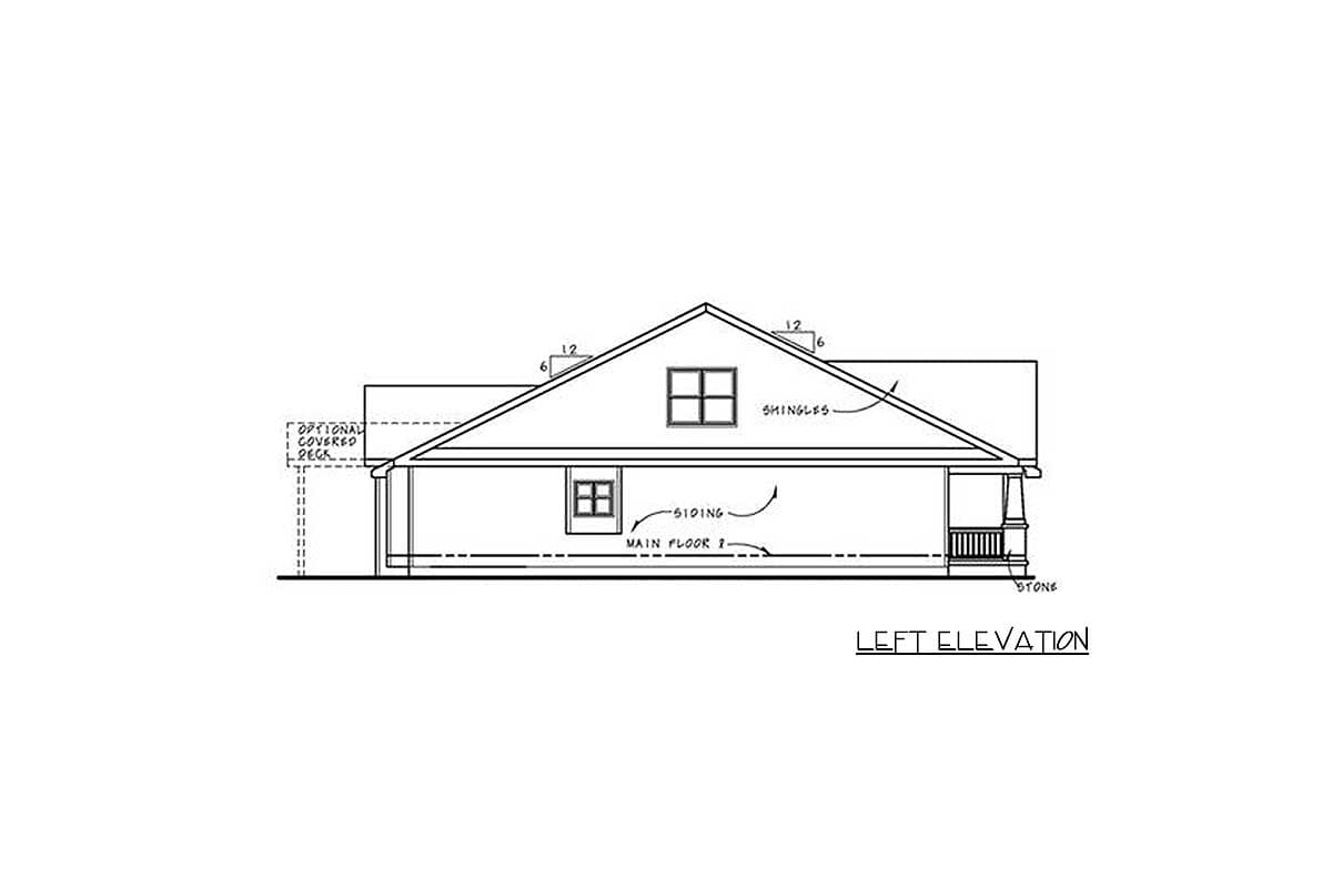 Left elevation house plan showing a gable roof, siding, optional covered deck, and porch with stone details.