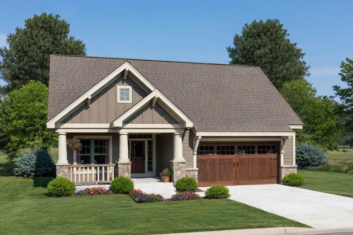 House plan exterior: Craftsman style, one story, with covered porch, gables, and attached double garage.