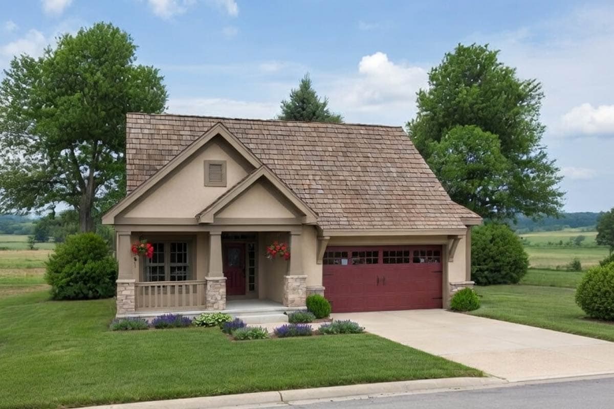 House plan exterior: 1.5-story home with wood shake roof, covered front porch with stone accents, and attached two-car garage.
