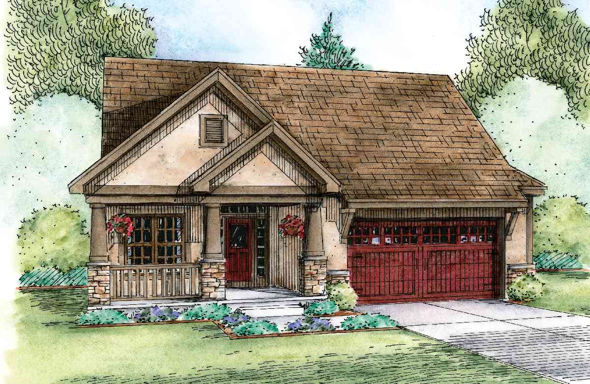 House plan exterior: Two-story Craftsman style with covered porch, stone accents, gable dormer, and side-facing garage.