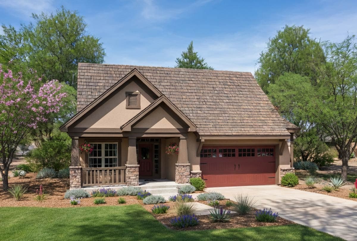 House plan exterior: Single-story home with covered front porch, stone accents, shingle roof, and attached garage.