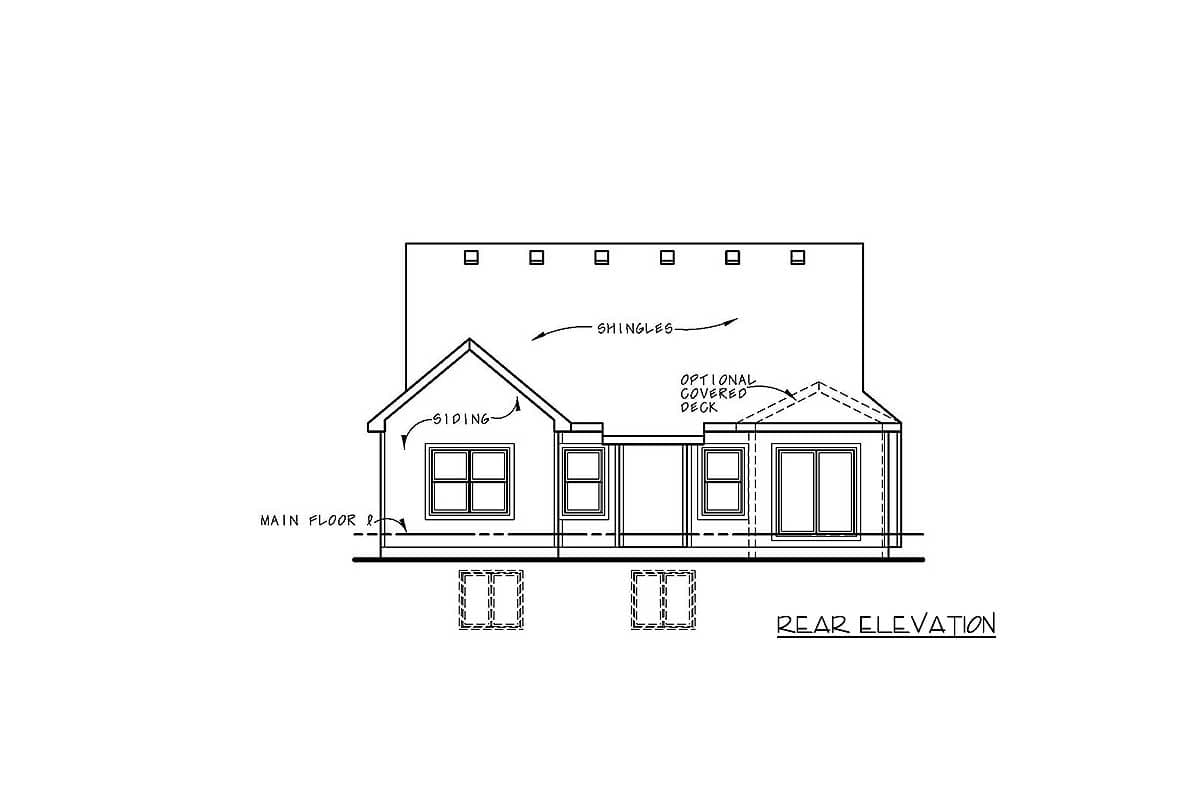 Rear elevation drawing of a house plan, showing siding, shingles, and an optional covered deck.