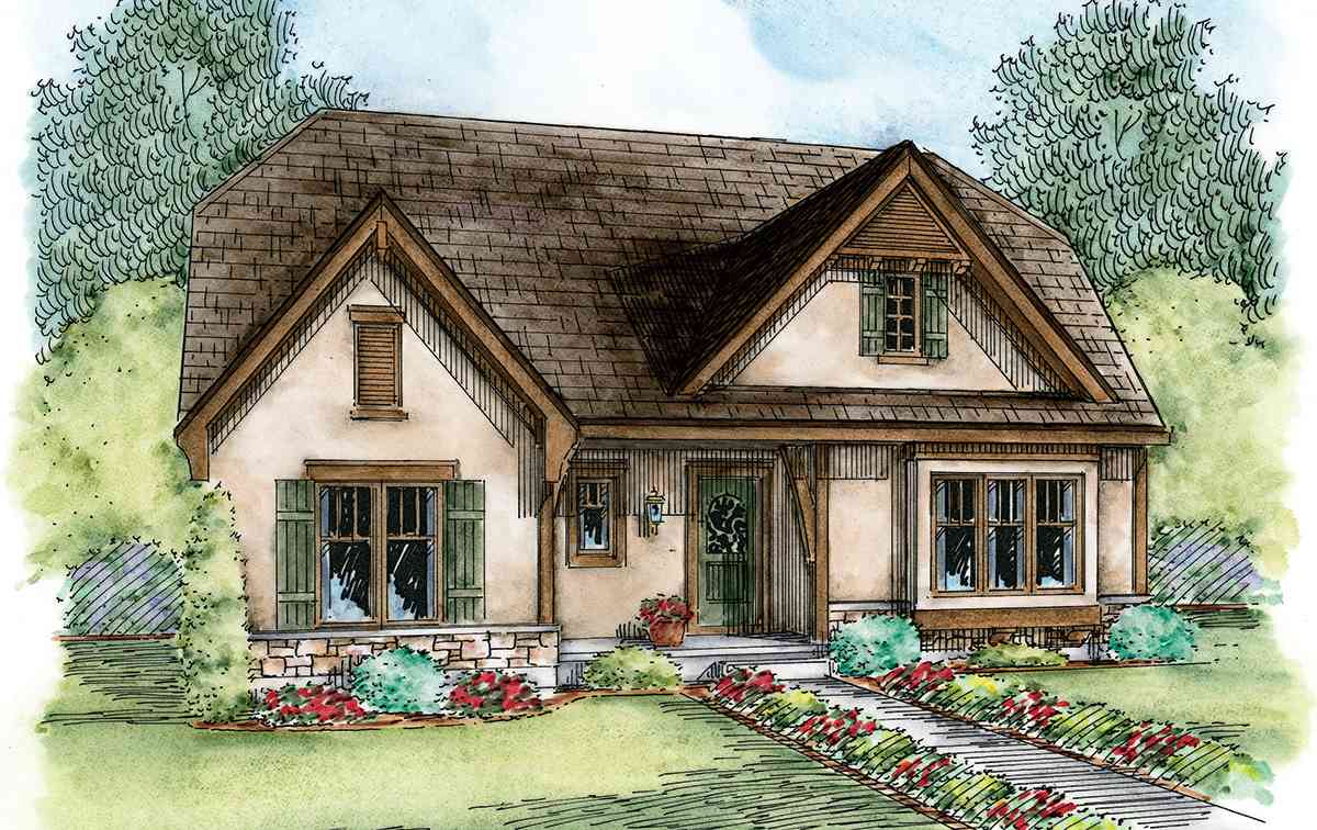 House plan exterior, Craftsman style, with stone foundation, gables, dormers, and a covered front porch.
