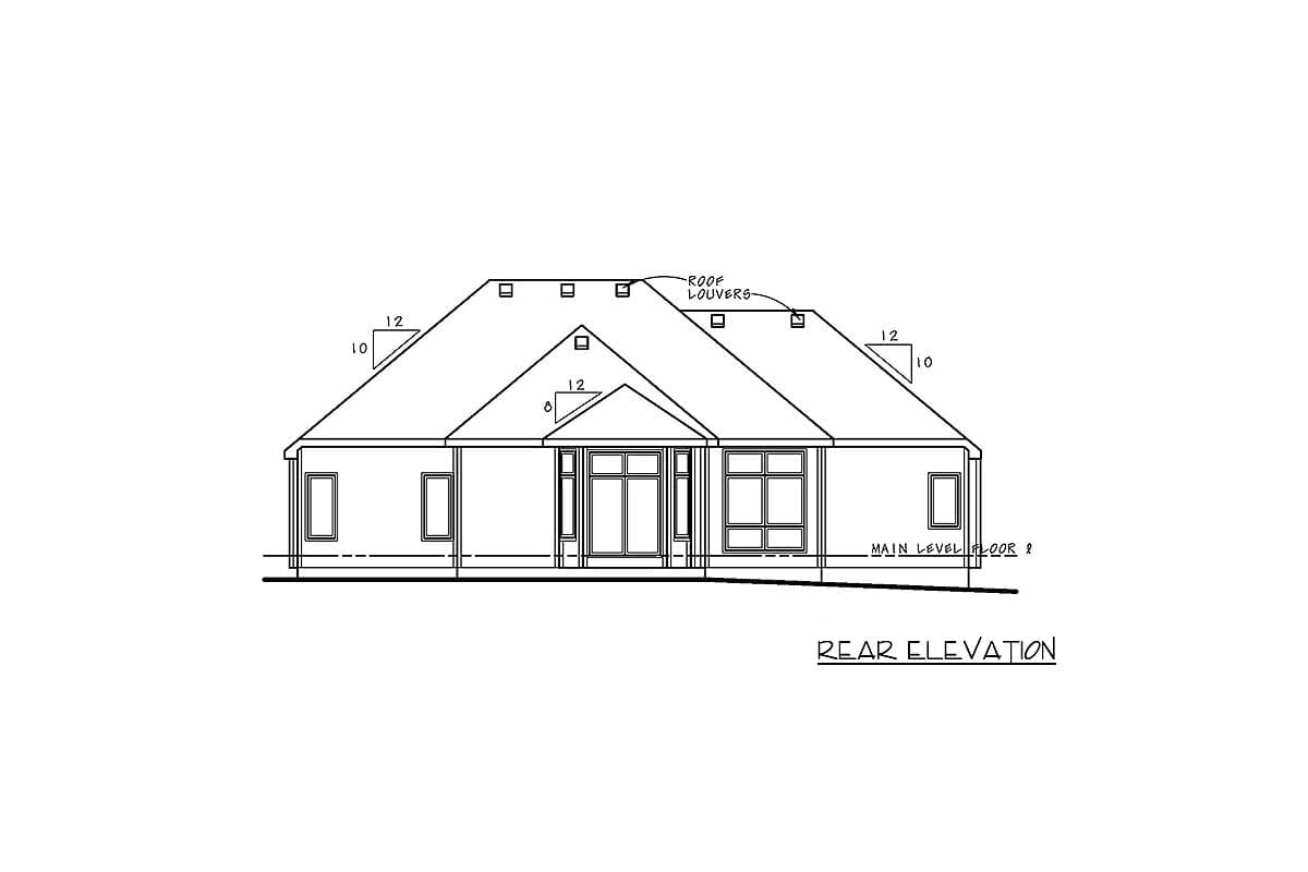 Rear elevation house plan showing a hipped roof with dormers, central entry, and multiple windows.