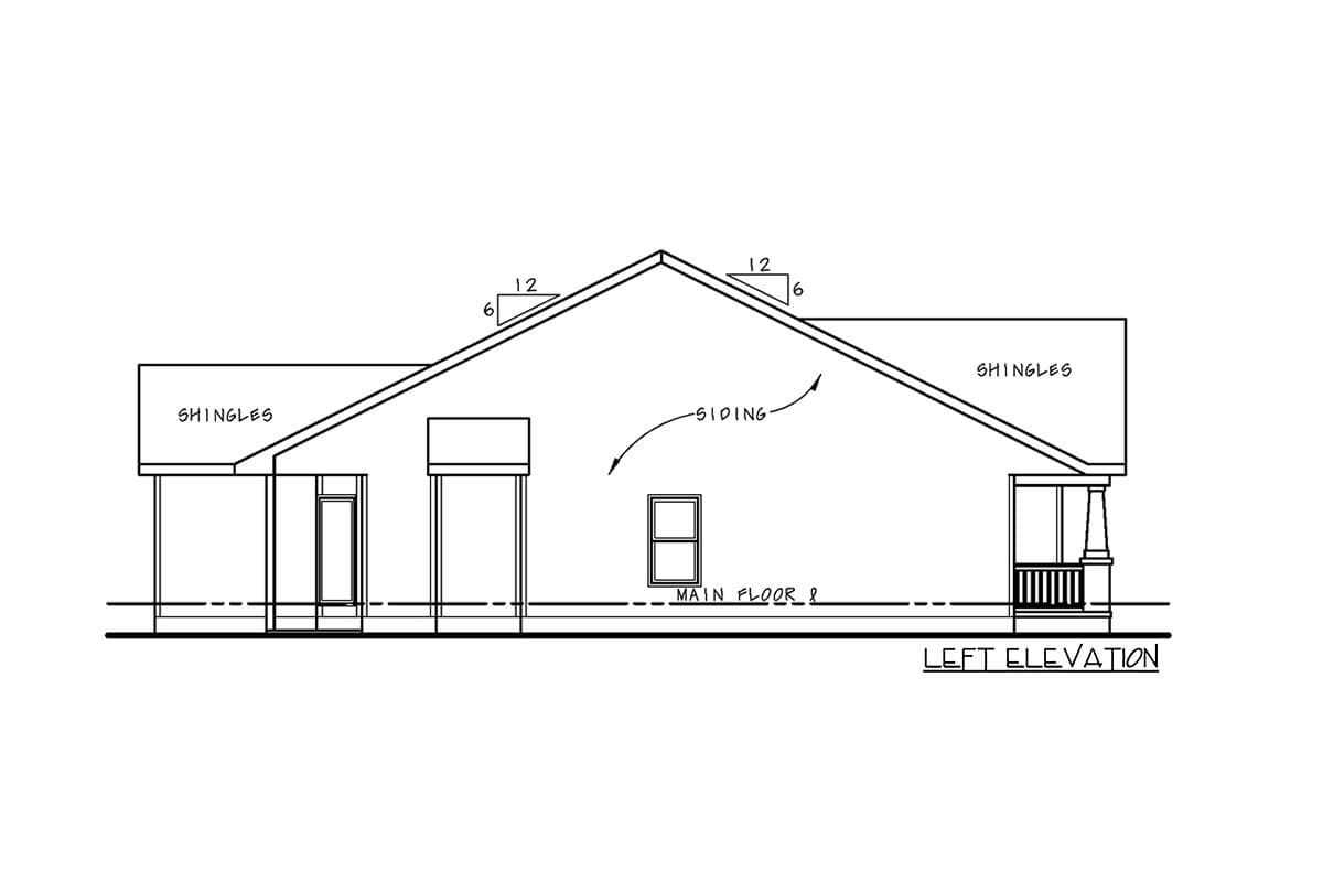 Left elevation of a house plan showing a prominent gable roof, covered porch, and siding.