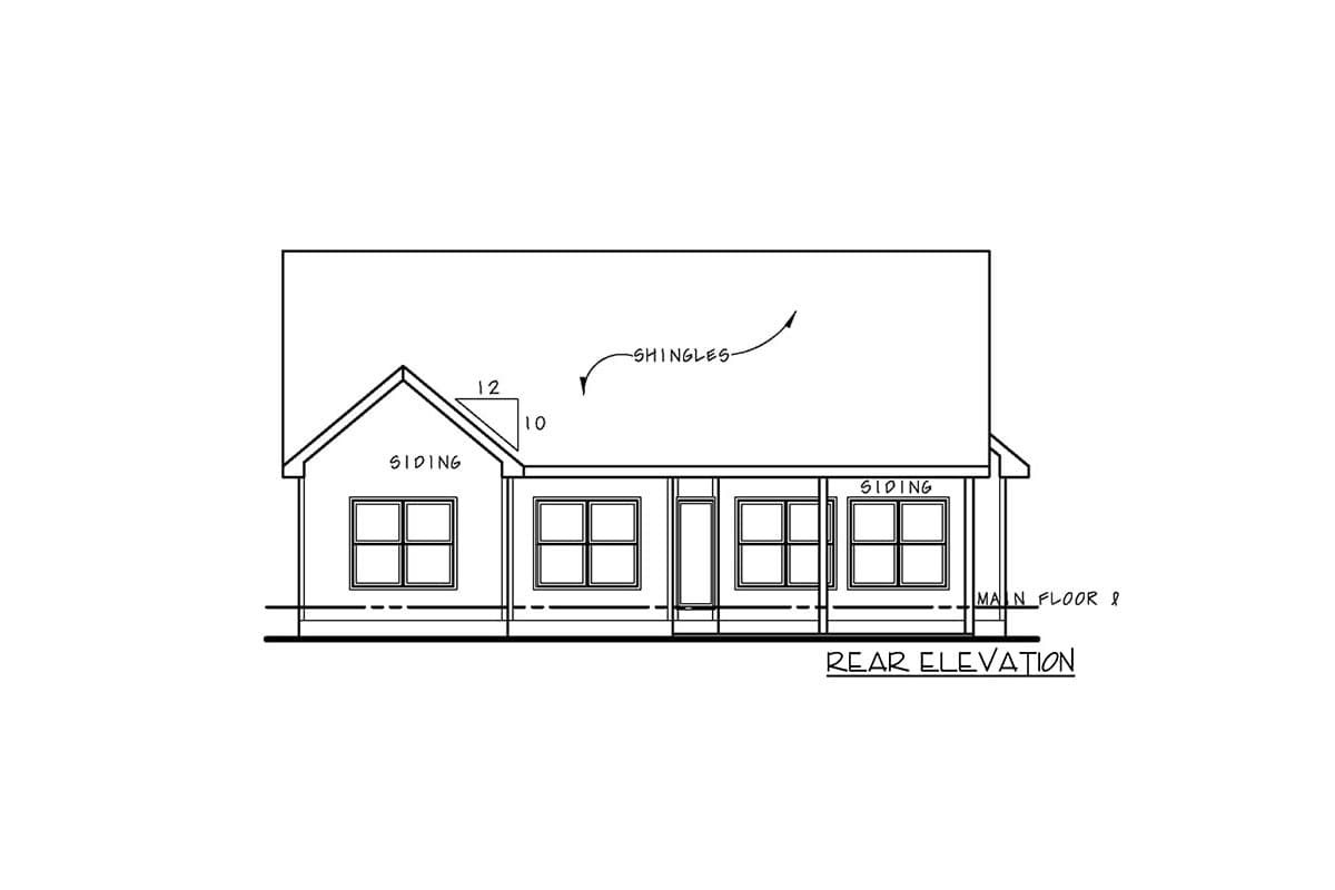 Rear elevation drawing of a house with siding, multiple windows, and a gabled roof with shingles.