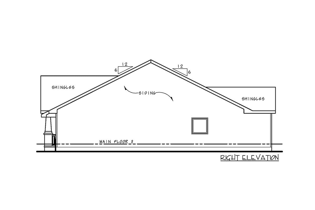 Right elevation house plan showing gambrel rooflines, shingles, siding, a small window, and main floor.