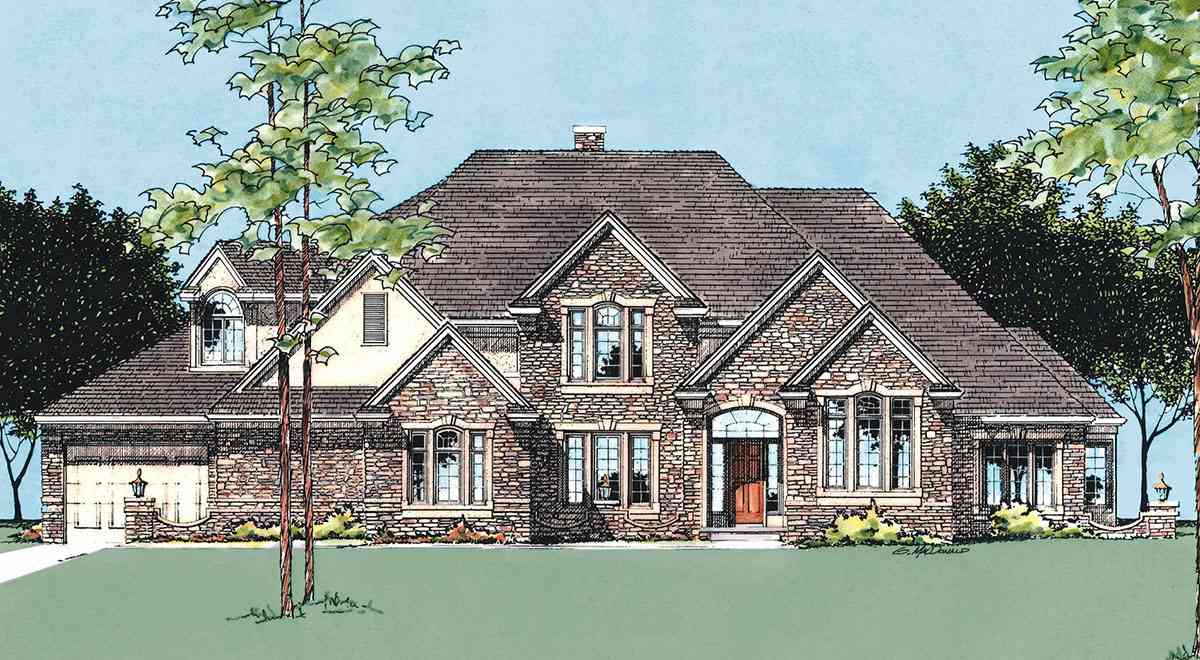 House plan exterior: Two-story stone home with arched entryway, prominent gables, dormer window, and attached garage.