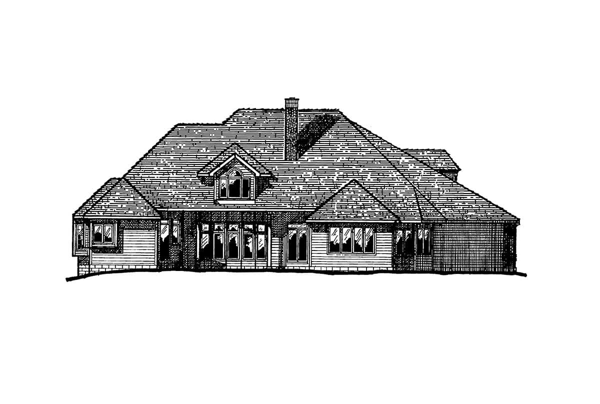 House plan exterior: Ranch style, single-story, prominent gables, dormer window, and attached garage.