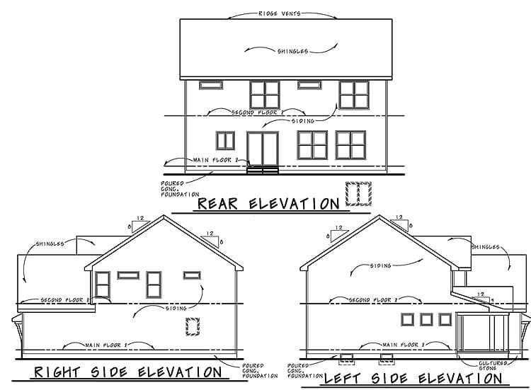Rear, right, and left elevations for a two-story house plan with siding, shingles, and a poured concrete foundation.
