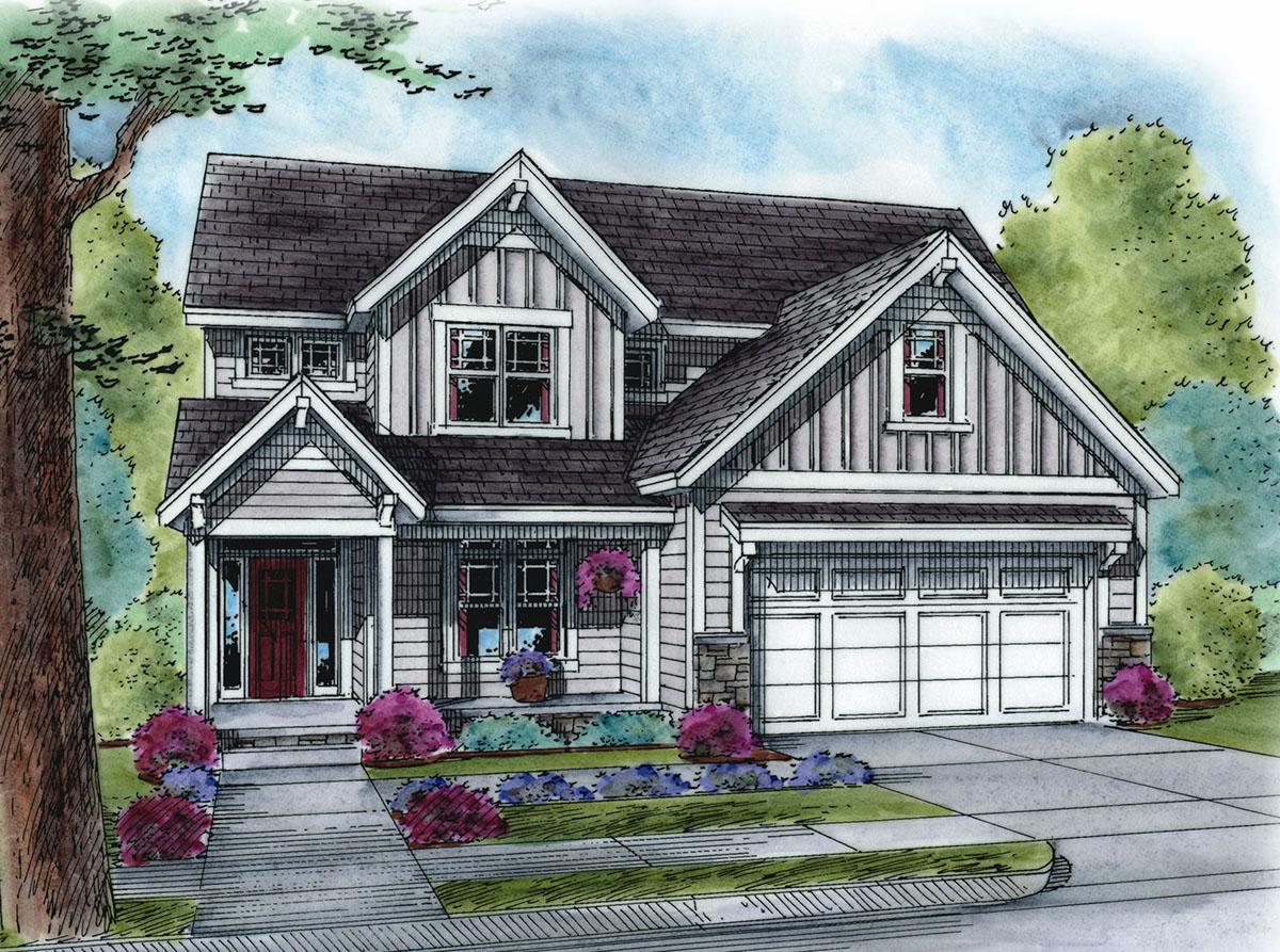 Craftsman style house plan exterior with two stories, gabled roof, front porch, and garage. Features include dormers and board-and-batten siding.