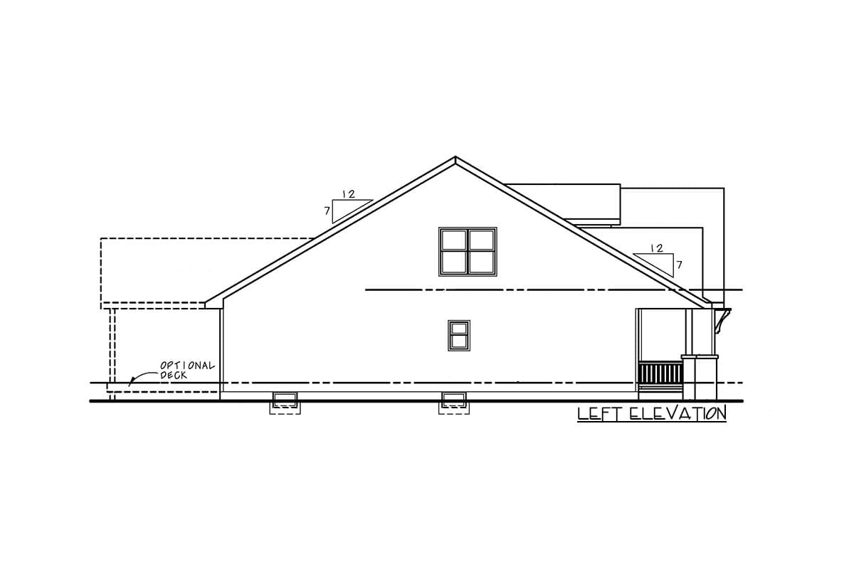 Floor plan elevation drawing of a house showing the left side, with an optional deck and porch.