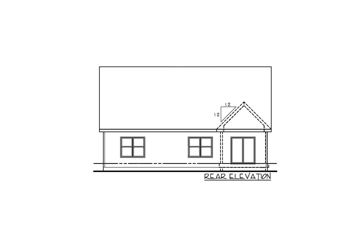 Rear elevation drawing of a single-story house plan with two windows and double doors, featuring a gabled roof with pitch indicators.