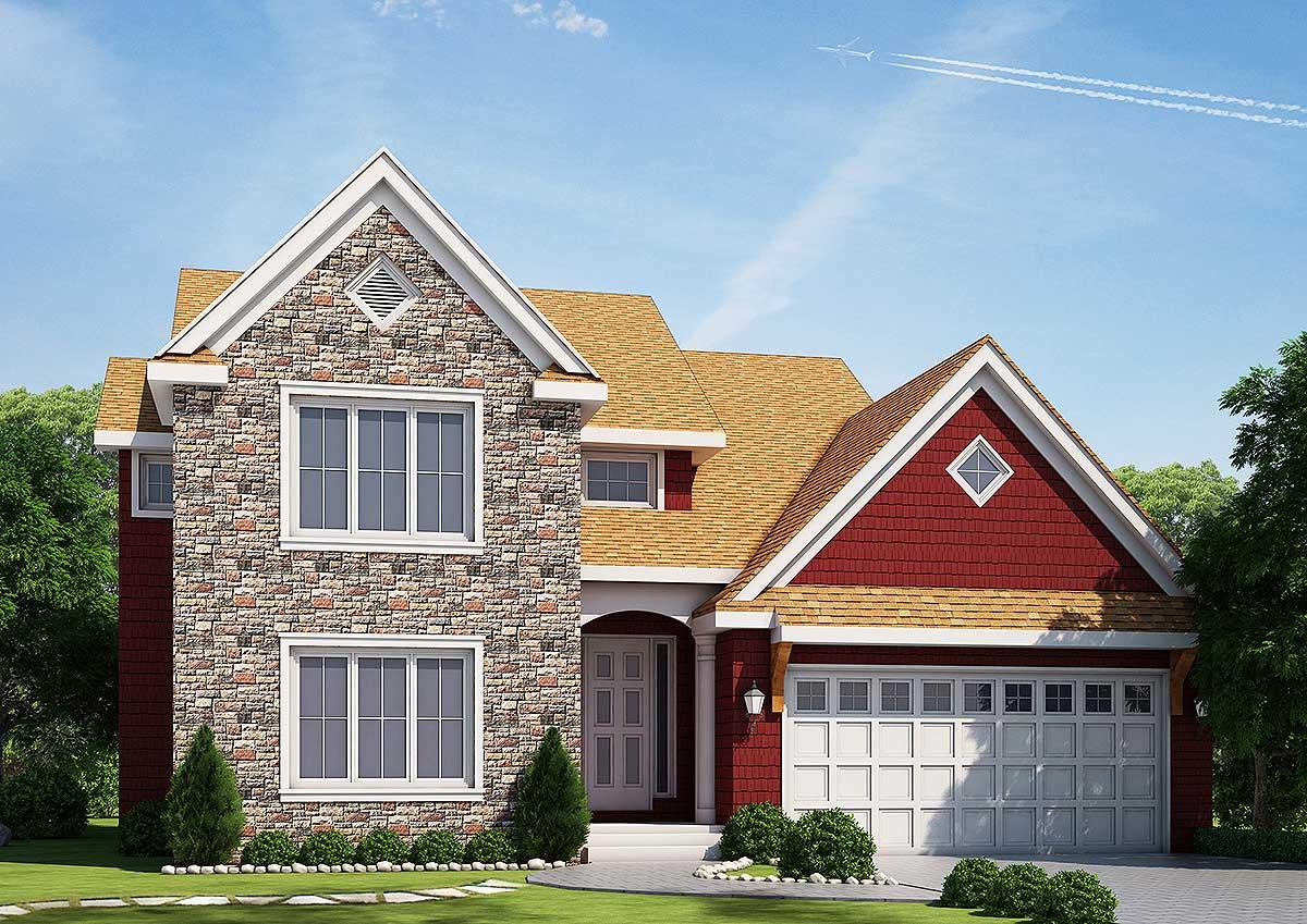 House plan exterior. Two-story home with stone facade, gabled roof, and attached garage. Includes dormers and a front entry porch.