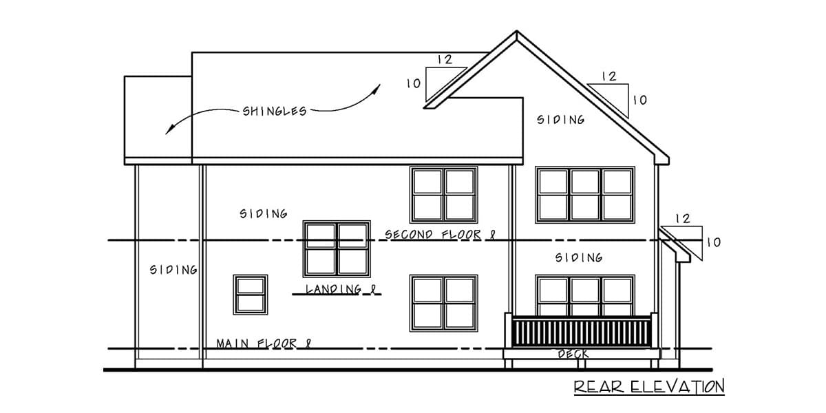 Rear elevation house plan drawing showing a two-story structure with siding, multiple windows, and a deck.