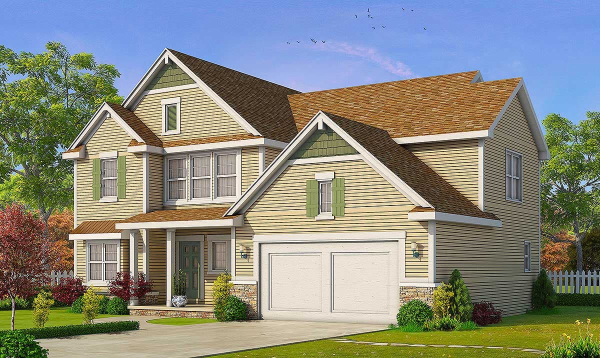 House plan exterior. Two-story Craftsman home with gabled roof, front-entry porch, and a two-car garage.