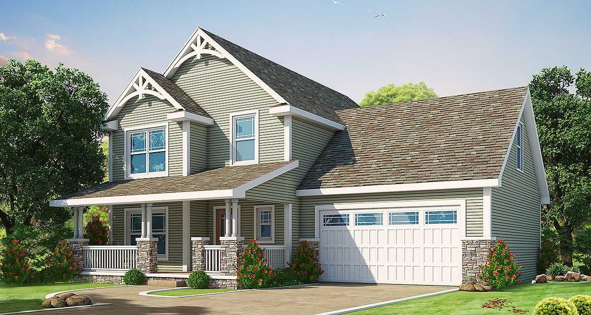 House plan exterior: Two-story Modern Farmhouse with a wraparound porch, gables, dormers, and a side-entry garage.