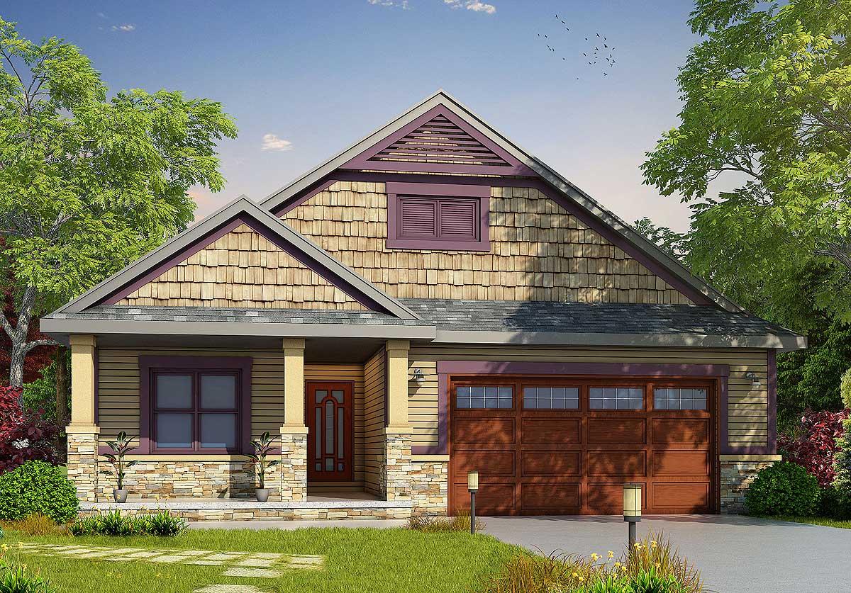 House plan exterior: Craftsman style, one-story, wood shingles, stone accents, covered porch, and multi-pane garage door.