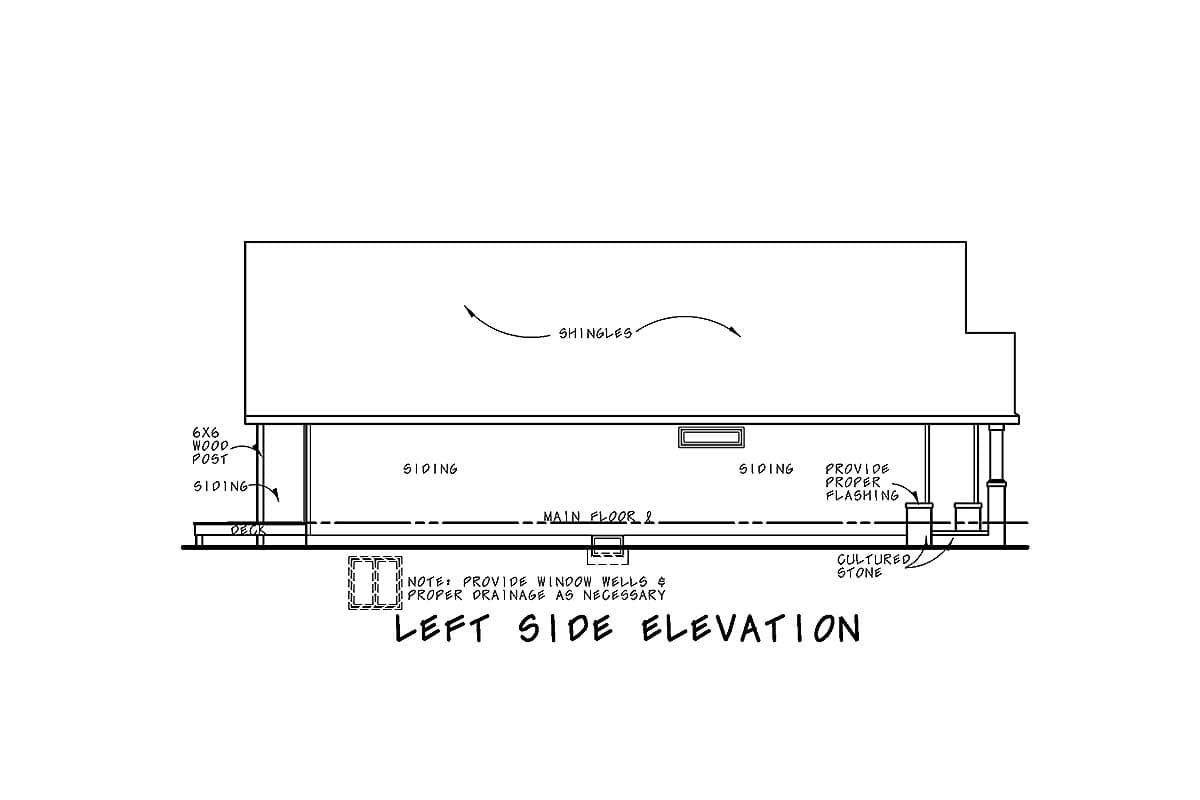 Left side elevation of house plan showing siding, shingles roof, deck, cultured stone foundation, and window well notes.