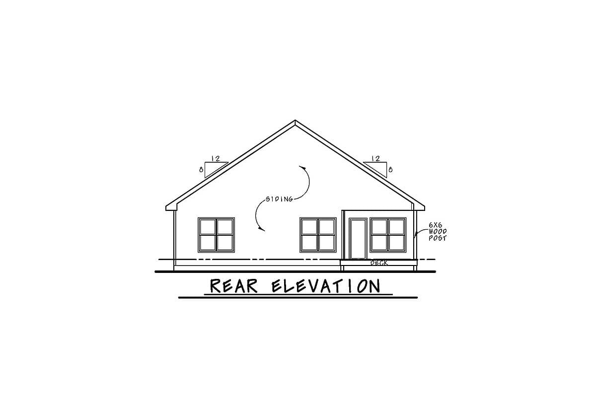 Rear elevation house plan showing a gable roof, two windows, a door, and a deck with wood posts.