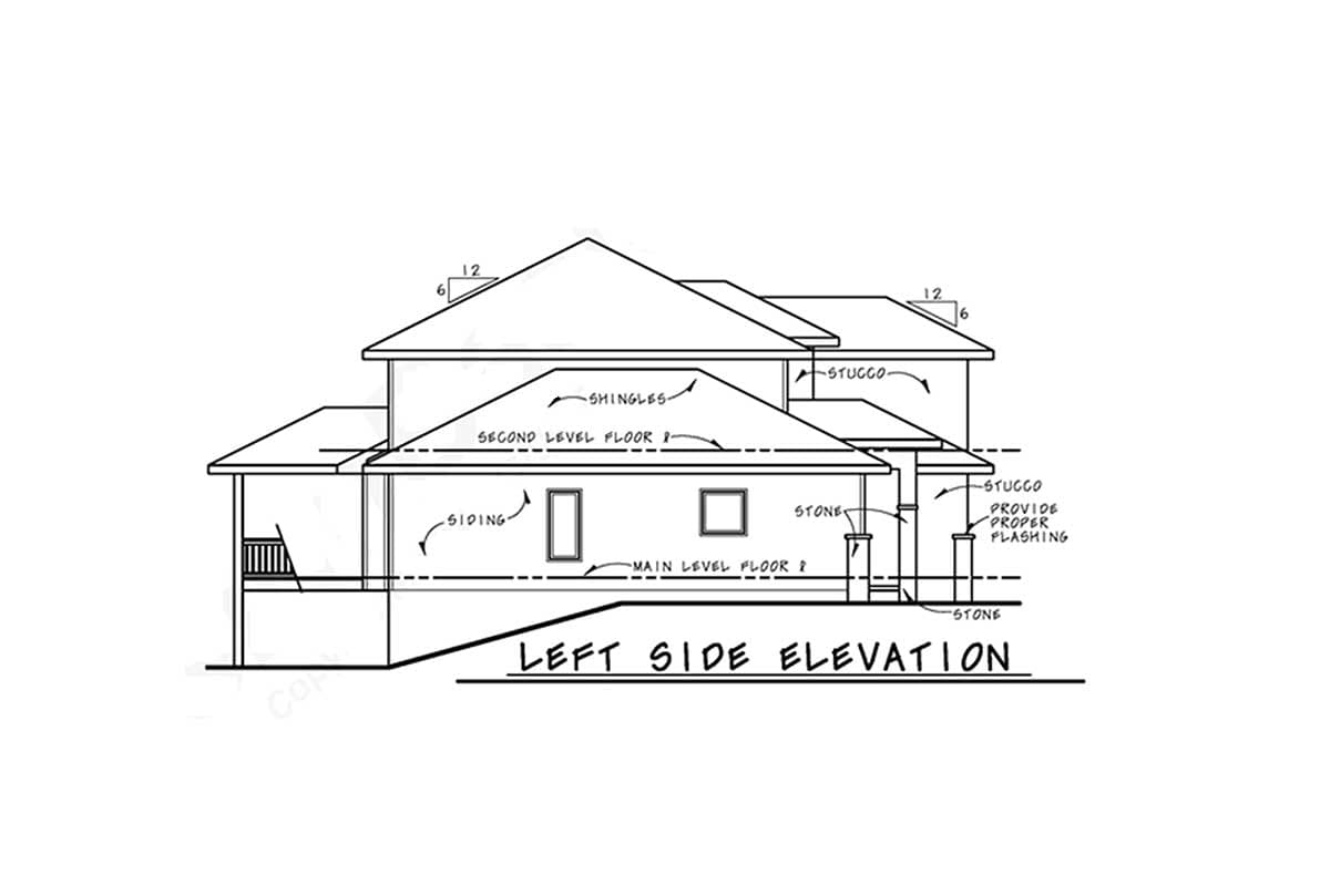 Left side elevation drawing of a two-story house with siding, stucco, stone accents, and multiple rooflines.