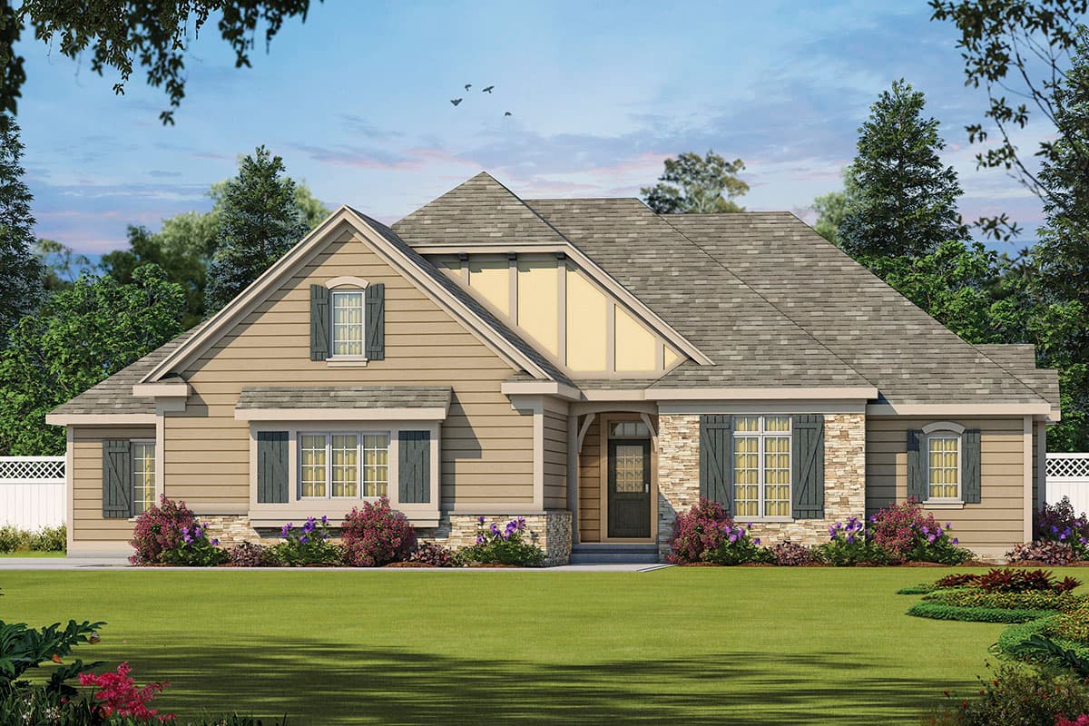 House plan exterior: One-story Craftsman style with gable dormers, stone accents, covered entryway, and varied rooflines.