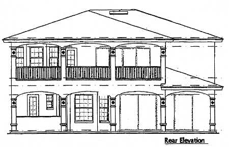 Rear elevation house plan drawing of a two-story home with balconies on both levels, arched porch supports, and large garage doors.