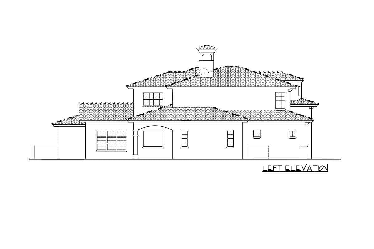 Left elevation drawing of a two-story house plan with a hip roof, arched window, and prominent chimney.