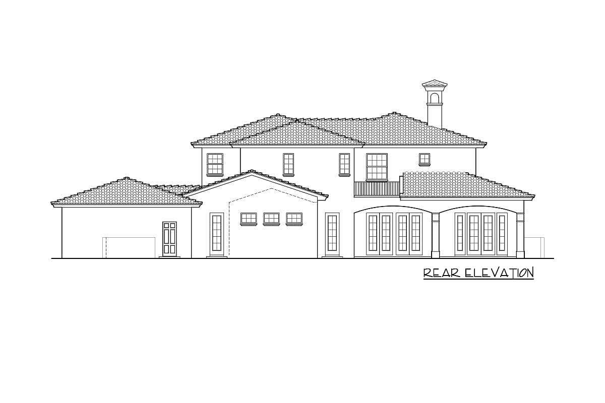 Rear elevation of a two-story house plan with a tile roof, multiple gables, balcony, and an attached garage.