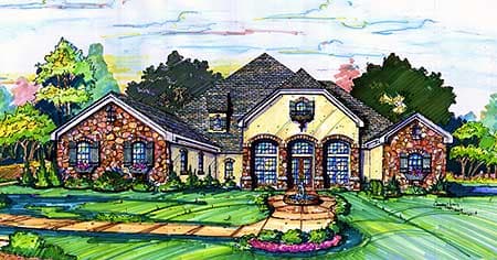 House plan exterior: Single-story home with stone accents, arched entry, multiple gables, and courtyard.