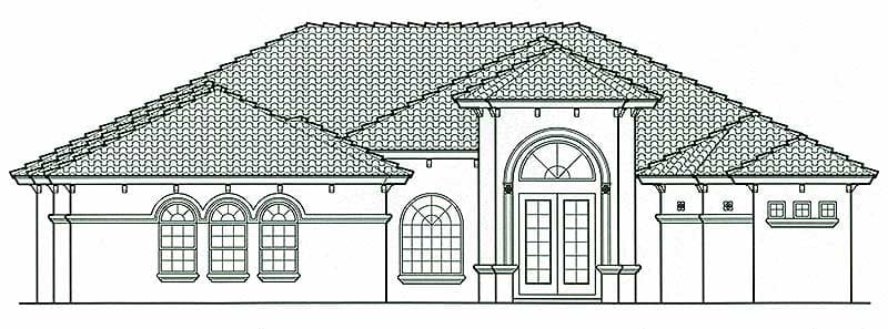 House plan exterior: One-story dwelling with tile roof, arched double doors, and multiple arched windows.